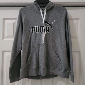 Puma Women Gray Big Logo Long Sleeve Pullover Kangaroo Pocket Hoodie Siz…